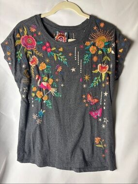 Johnny Was Embroidered Floral & Butterfly Charcoal Tee
